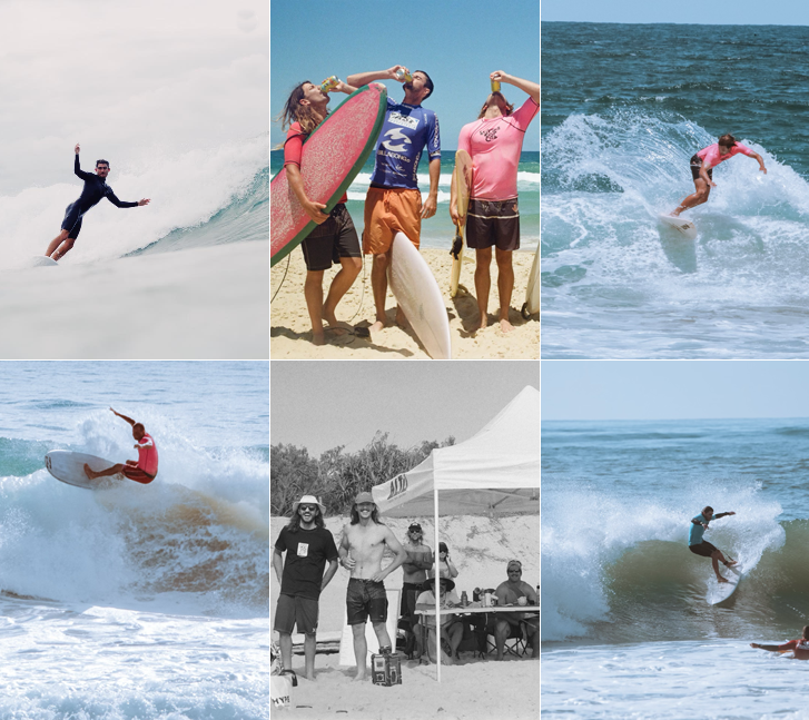 Mid-length surfers riding waves at Sunshine Coast surf competition - The Middy Committee members in action